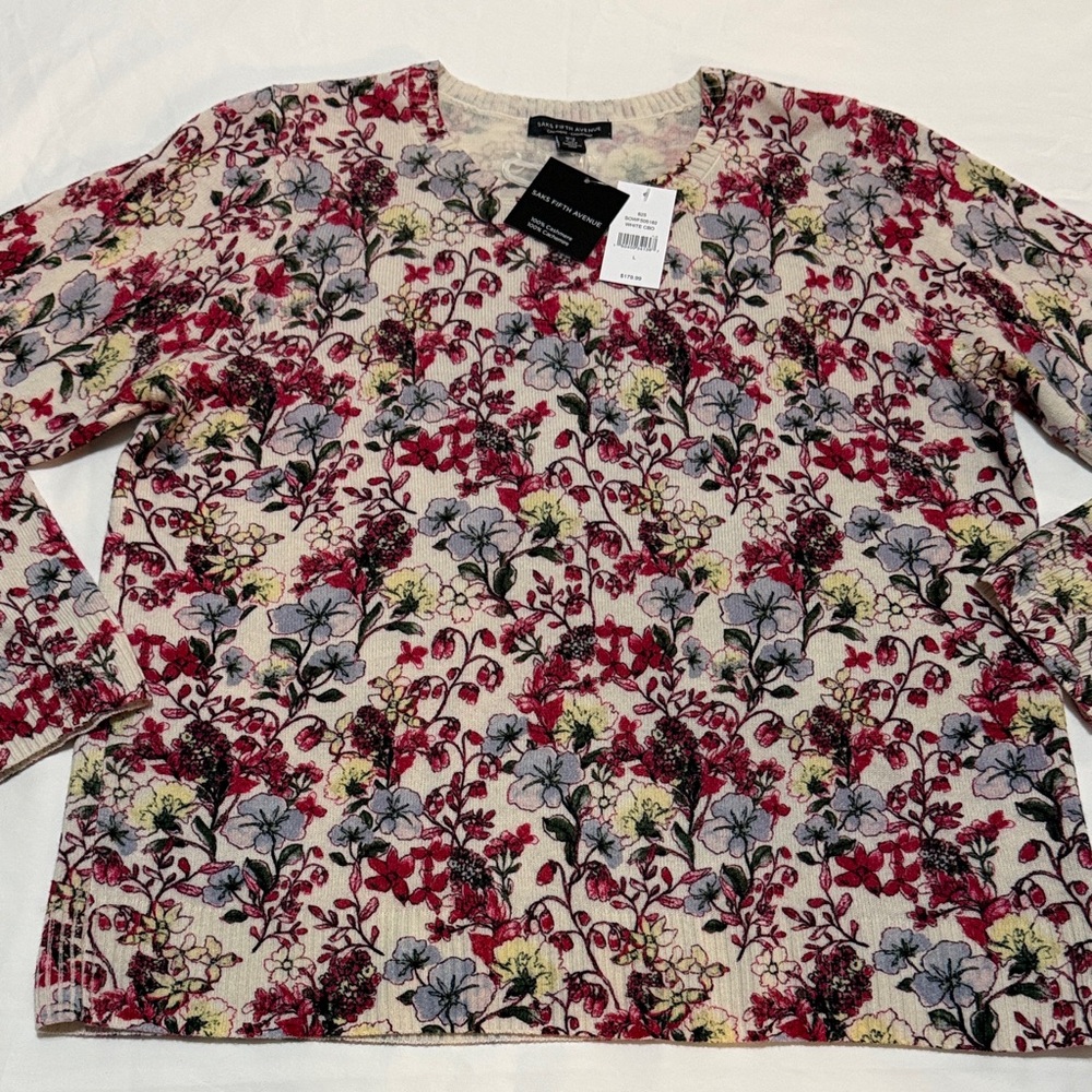 Saks Fifth Avenue Cream Crewneck Cashmere Sweater Floral L NWT